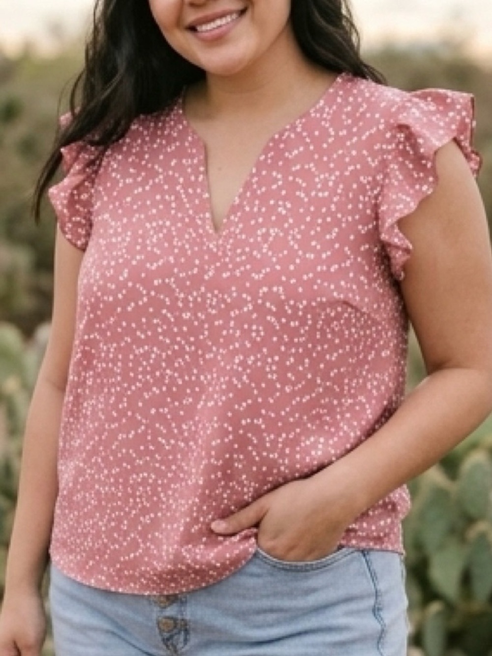 4XL Pink Heart Print Flutter Sleeve Blouse Split Neck